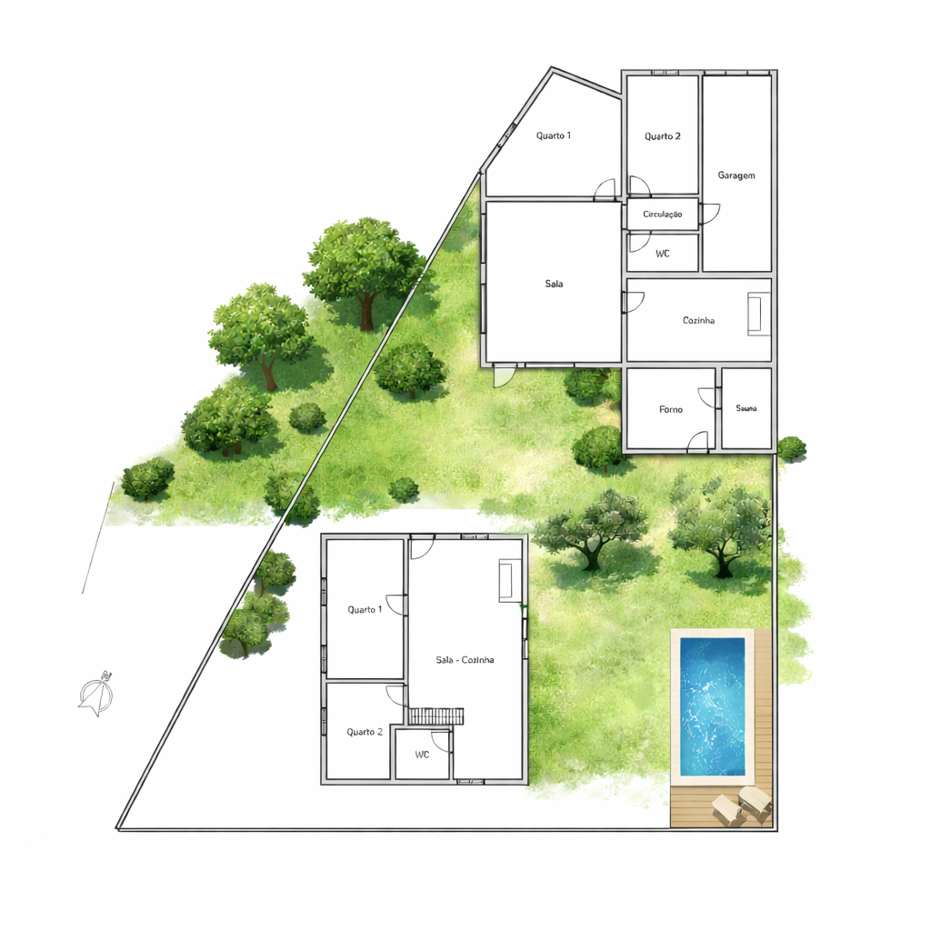 Planta do projeto com duas casas, jardim e espaços exteriores comuns.